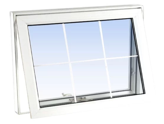 White awning window with grille design and open outward tilt