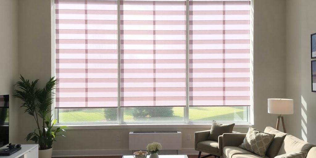 Automated blinds adjusting sunlight in a modern Ottawa living room.